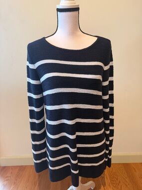 J. Jill Navy and White Striped Knit Scoop Neck Sweater